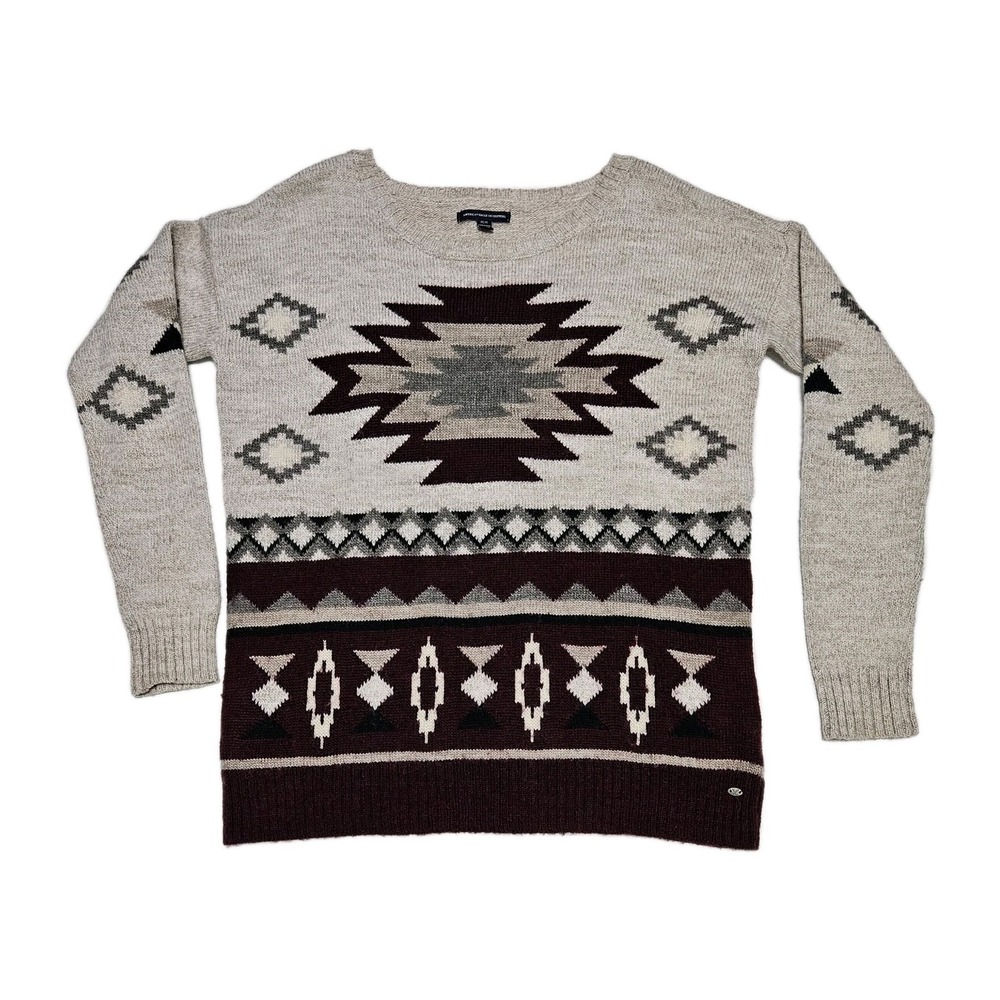 American Eagle Sweater Womens M Beige Burgundy Southwestern Aztec Wool Blend